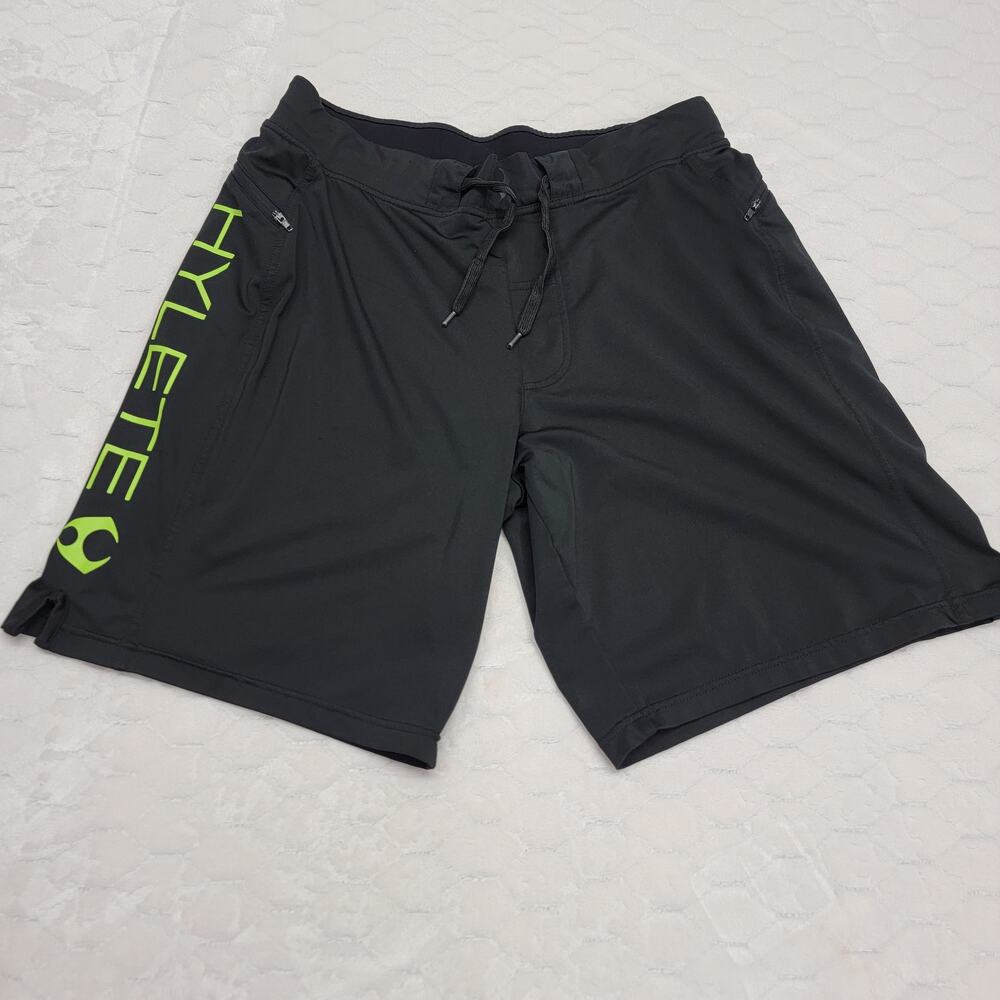 Hylete Mens Medium Training Shorts Black Lime Green Verge Zip Pocket Above Knee